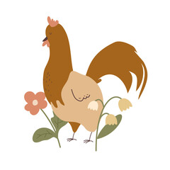 Vector hand drawn flat style illustration of rooster in flowers isolated on white background