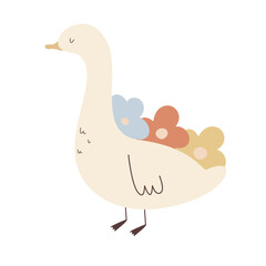 Vector hand drawn illustration of pastel color goose with small flowers isolated on transparent background. Cute farm country animal character