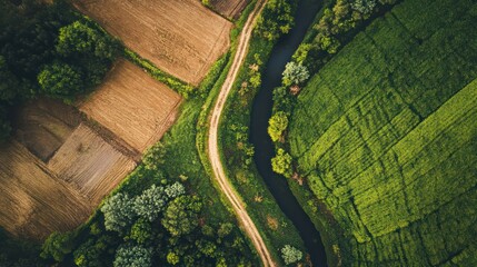 Aerial View of Serene Countryside: River, Fields, and Road