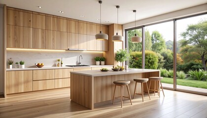 Open kitchen design with natural wooden elements and contemporary lighting
