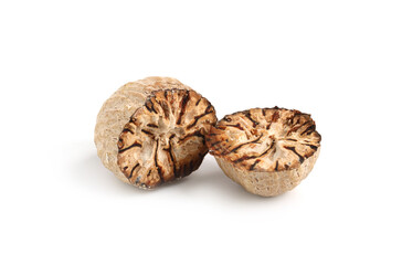 Halves of fresh nutmeg isolated on white