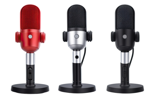 Set of gaming streaming microphones - professional microphones in black, silver, and red colors for streaming setups