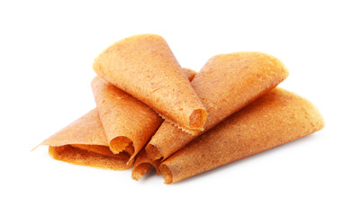 Delicious fruit leather rolls isolated on white