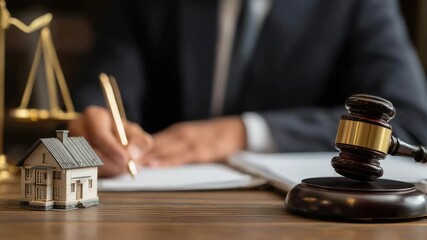 A lawyer signs documents at a desk with a gavel, scales, and a model house, symbolizing real estate law and legal proceedings. - Powered by Adobe