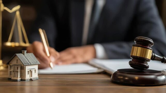 A lawyer signs documents at a desk with a gavel, scales, and a model house, symbolizing real estate law and legal proceedings.
