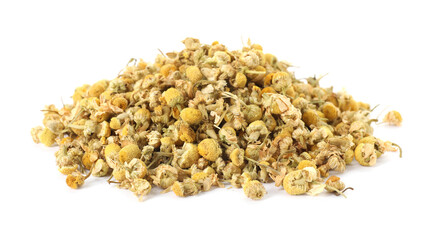 Pile of dry chamomile flowers isolated on white
