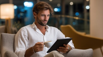 Businessman drinking coffee and using digital tablet in hotel lobby