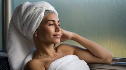 Fototapeta premium Beautiful woman relaxing with towel on head and body