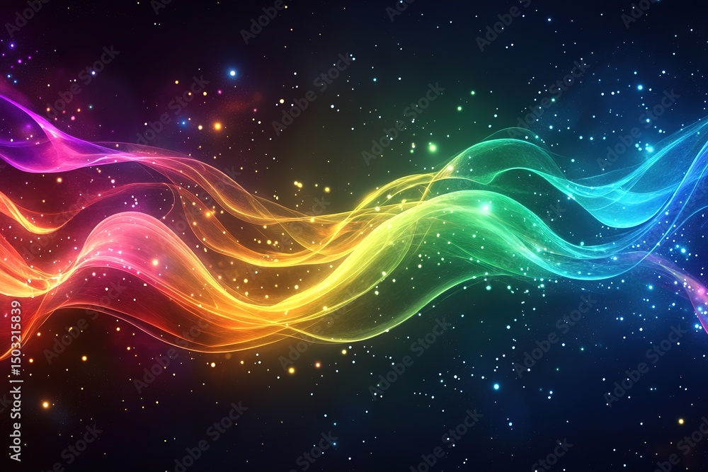 Poster colorful fractal wave flows through space with many sparkling stars creating a vibrant abstract scen