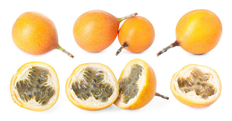 Ripe passion fruits on white background, collage