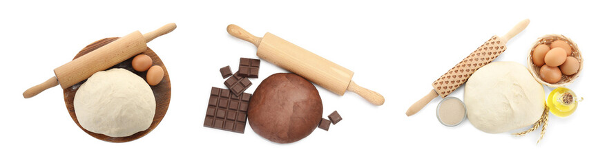 Different types of dough, ingredients and rolling pins isolated on white, set. Top view