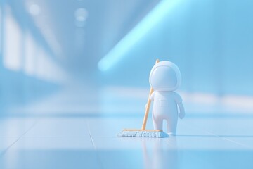 of 3d-rendered janitor in sterile minimalistic hallway with ample copy space on left