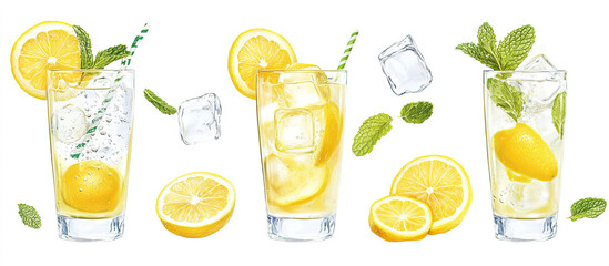 Set of lemonades - tall glasses of lemonade with lemon slices, mint, and ice cubes on a white background