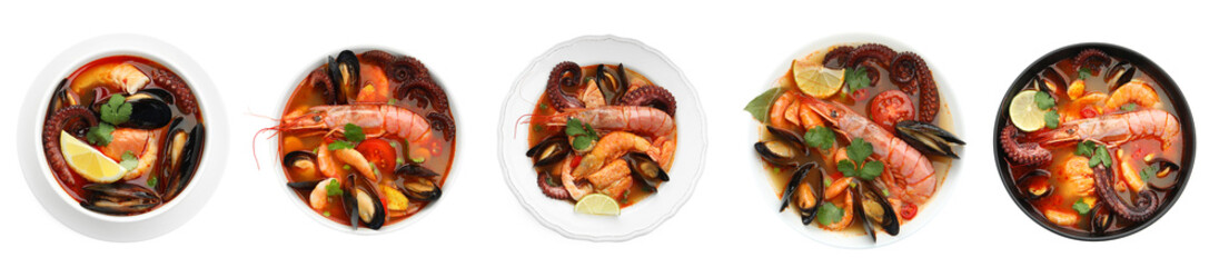 Delicious seafood soup in bowls isolated on white, collage. Top view