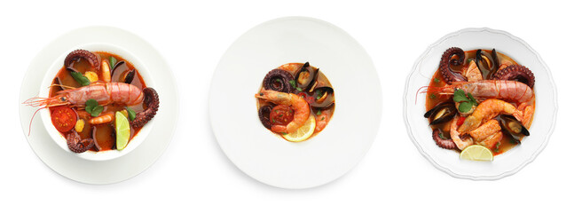 Delicious seafood soup in bowls isolated on white, collage. Top view