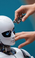 Human hands assembling a robot head with glowing blue eyes and exposed wiring