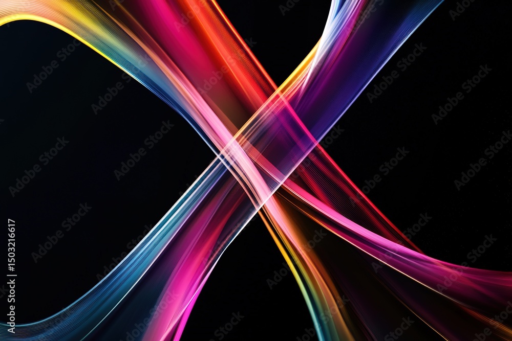 Poster glowing colorful ribbons flow and cross, creating an abstract dynamic intersection against the darkn