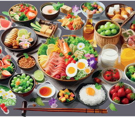 Top view flat lay of a balanced nutrition concept showcasing clean eating with a flexitarian Mediterranean diet. Includes salmon, shrimp, and a colorful mix of vegetables.