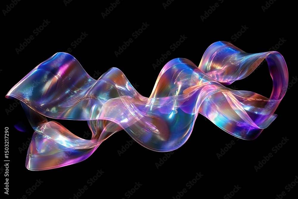 Poster luminous iridescent ribbon gently undulates against a pure black background creating an elegant abst