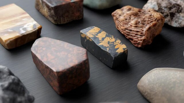 Assortment of colorful mineral stones and rough gemstone rock specimens on dark background, natural earthy hues and textures, decorative geological collection