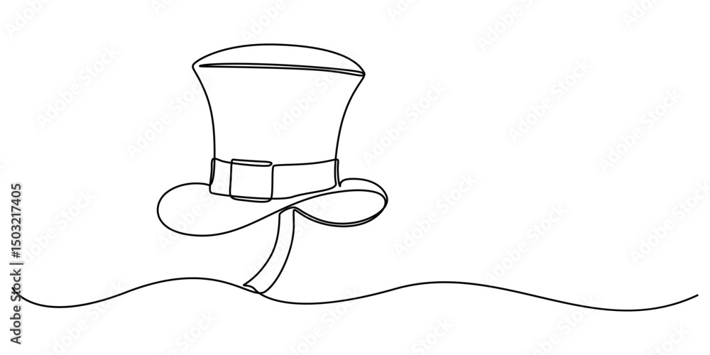 Poster Continuous one line art drawing leprechaun hat, One line drawing. Continuous line art. Leprechaun hat with clover leaf. Hand drawn minimalistic design for simple logo, icon or emblem for St. Patrick. 