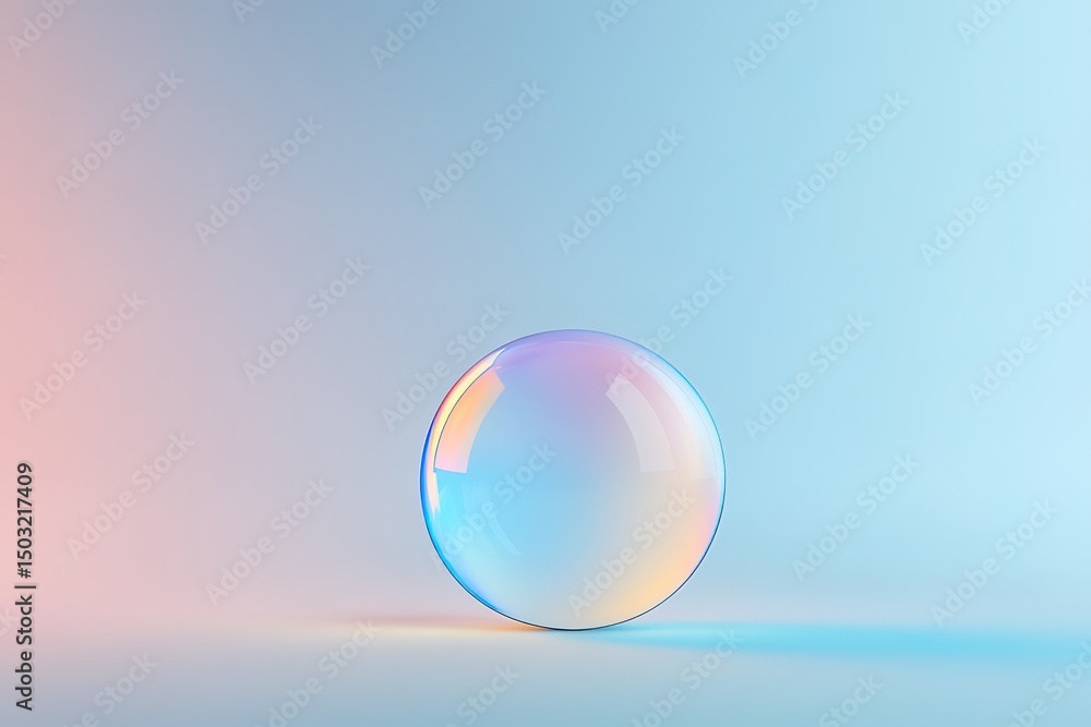 Poster luminous sphere displays iridescent colors, reflecting the subtle gradients in the background softly