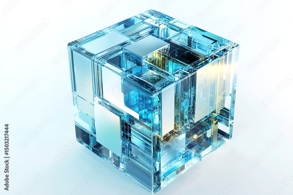 Poster luminous transparent cube showcases complex internal structure, resting gently on light background