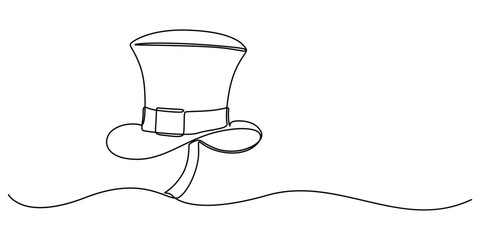 Continuous one line art drawing leprechaun hat, One line drawing. Continuous line art. Leprechaun hat with clover leaf. Hand drawn minimalistic design for simple logo, icon or emblem for St. Patrick. 
