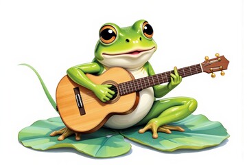 Obraz premium A smiling green frog playing a brown acoustic guitar on large green leaves isolated on White Background