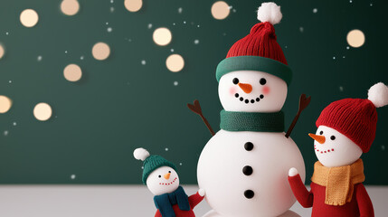 Joyful snowman family with red and green hats and colorful scarves stands together against dark background with glowing festive lights
