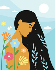 Profile of a woman with long hair against the background of branches with leaves with flowers, sky with clouds. Symbol of harmony with nature, beauty, youth. Vector graphics.