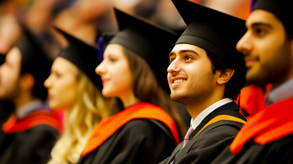 A group of diverse university graduates in caps and gowns, smiling and looking forward during their graduation ceremony, symbolizing academic achievement.