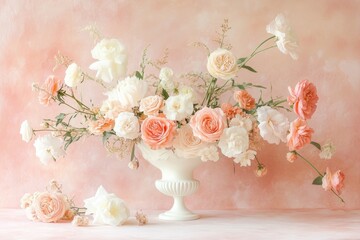 Delicate pastel rose arrangement in soft coral hues enhances elegance at a spring gathering
