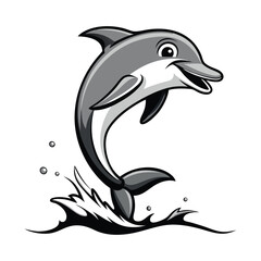 A black and white line drawing of a dolphin jumping out of the water
