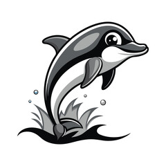 A black and white line drawing of a dolphin jumping out of the water