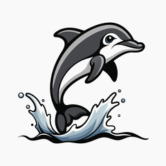 A black and white line drawing of a dolphin jumping out of the water