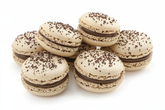 Delectable assortment of brown and beige macarons stacked elegantly with rich chocolate filling and delicate toppings perfect for dessert lovers - Powered by Adobe