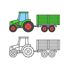 Green tractor with trailer. Linear icon in color