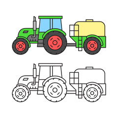 Green tractor with tank trailer. Linear icon in color