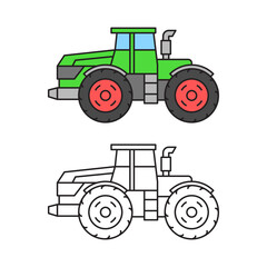 Green heavy tractor. Linear icon in color