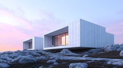 Fototapeta premium Minimalist modular home with white and gray concrete textures, sharp rectangular forms, set on a hillside with rocky terrain and pastel evening sky in the background
