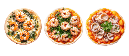 Set of seafood pizza - full seafood pie, shrimp-topped slice, and edge with squid and herbs.