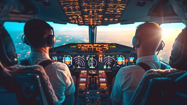 Professional Pilots at Work in Modern Passenger Jet Aircraft Cockpit – Aviation, Flight Deck, and Air Travel Concept
