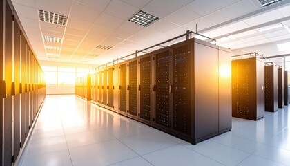 Modern server room with sunlight streaming through windows and equipment configuration