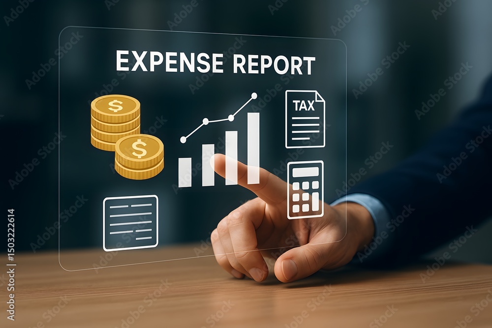 Poster expense report and business concept, a hand interacts with a digital interface displaying an expense
