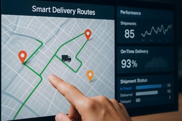 Smart Delivery Route Optimization, A hand interacts with a digital map displaying optimized delivery routes, highlighting key performance indicators like on-time delivery rates and shipment status.