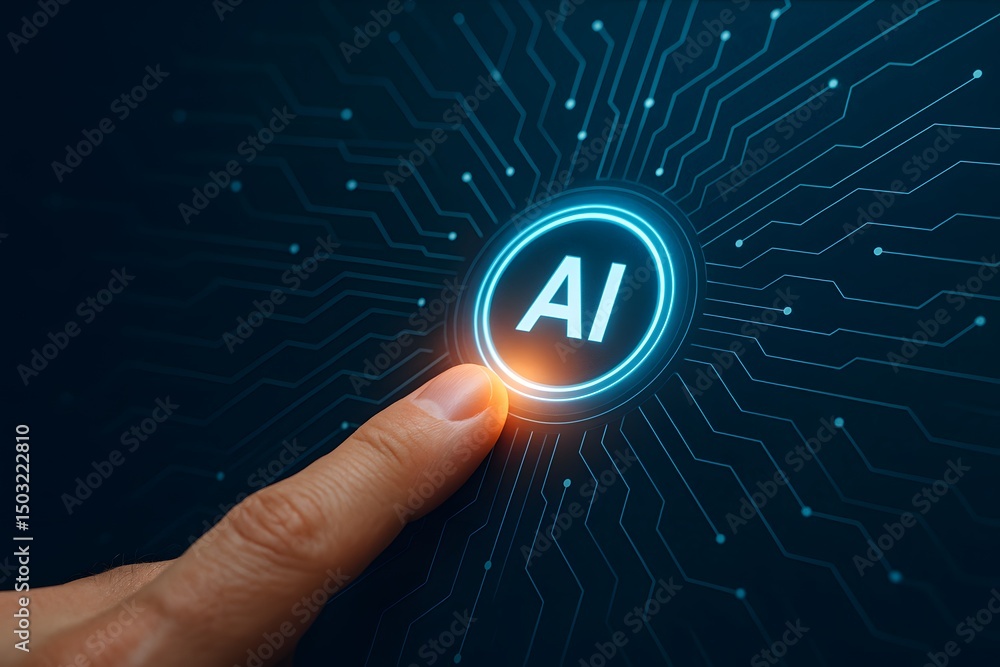 Poster activating ai, a fingertip gently touches an illuminated ai symbol on a digital interface, symbolizi