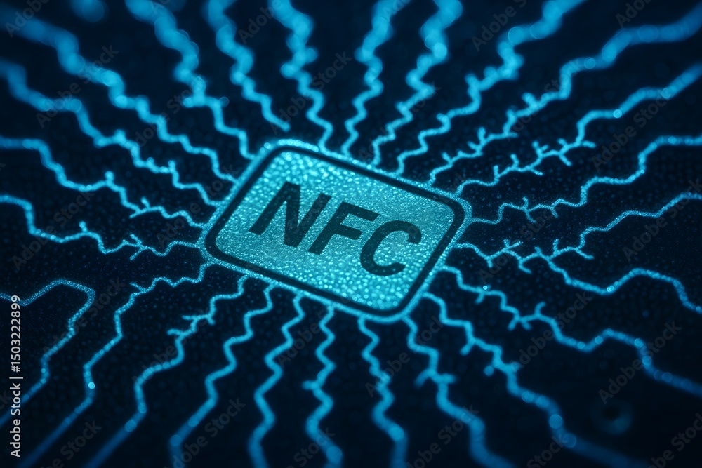 Poster digital connection, close-up of a digital nfc microchip, illustrating connectivity and data transfer
