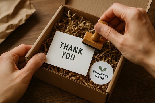 Unveiling Gratitude, a close-up showcases hands delicately placing a "Thank You" note into a meticulously prepared gift box, symbolizing appreciation and thoughtfulness.