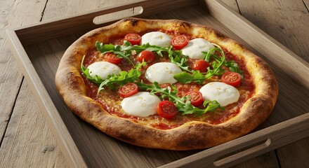 Artisanal Margherita Pizza with Fresh Mozzarella, Cherry Tomatoes, and Arugula on Rustic Wooden Tray